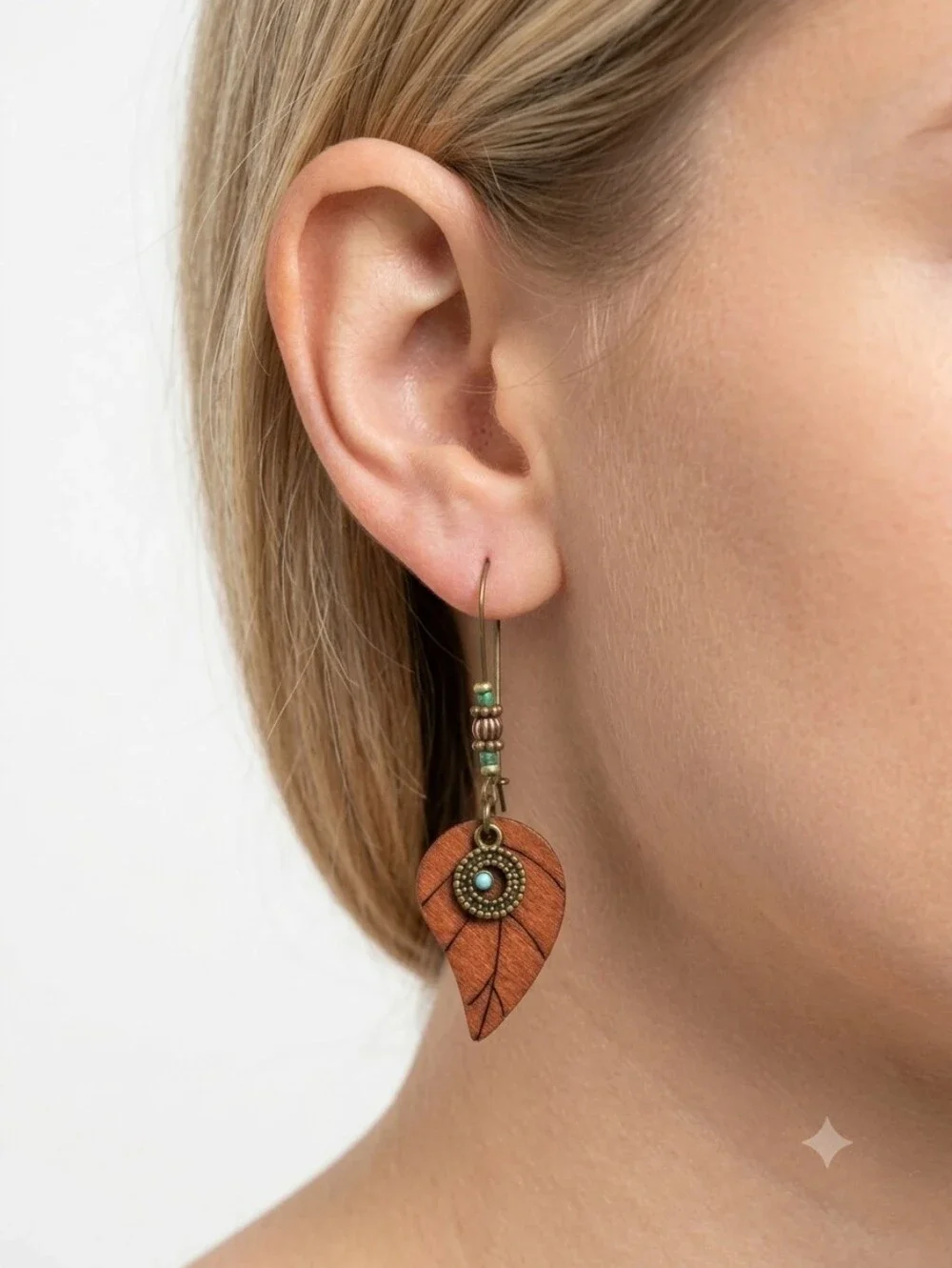 Boho Leaf Drop Earrings in Brown and Turquoise Western Feminine Festival